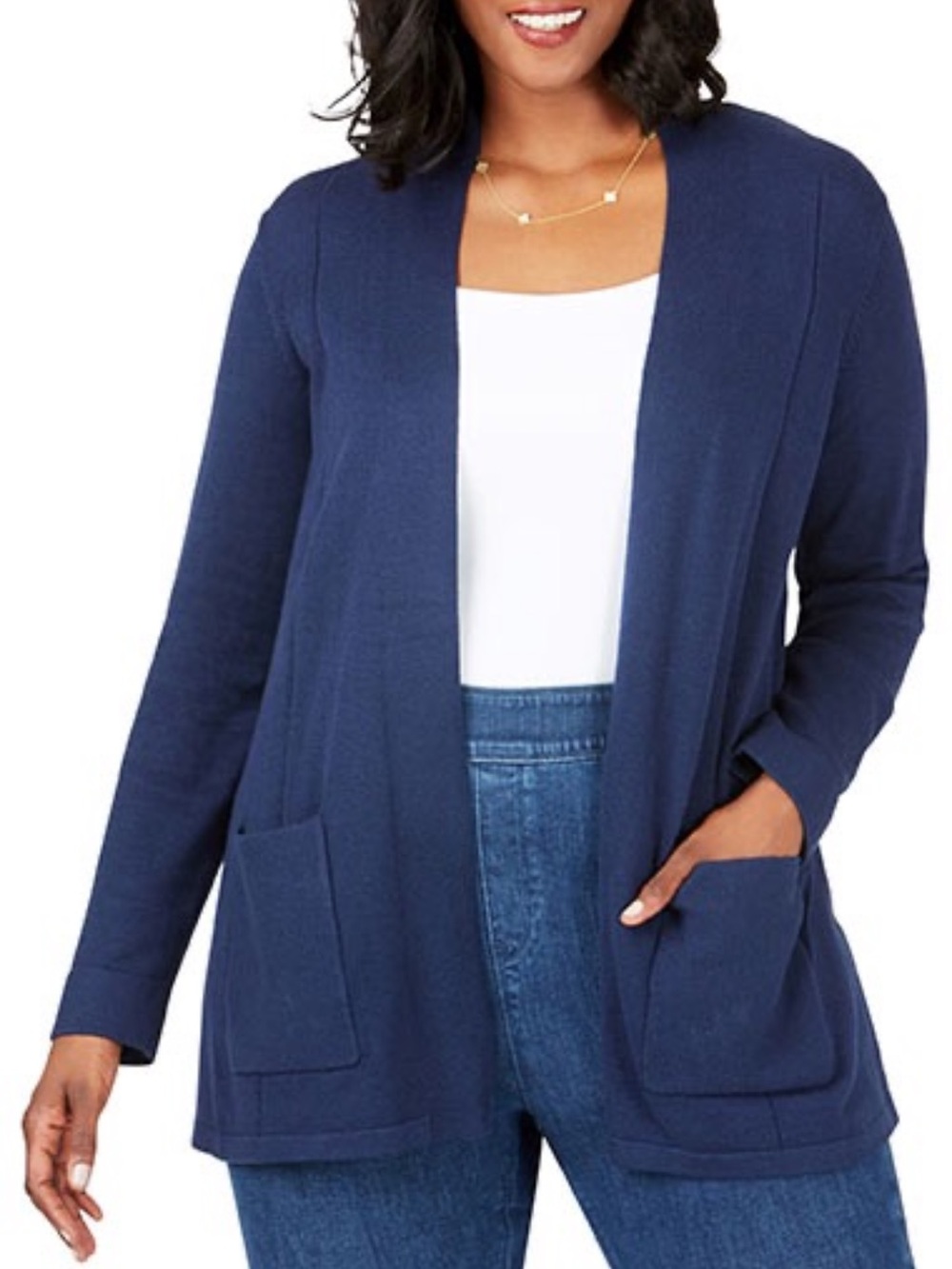 Foxcroft Navy Blue Cardigan Sweater Open Concept Knit With Pockets Cotton 3X